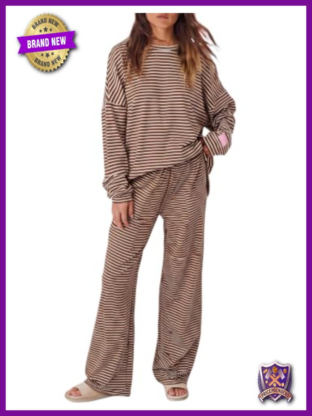 Oversized Striped 2 Piece Lounge Set Crew Neck Top Wide Leg Pants Drop Shoulder